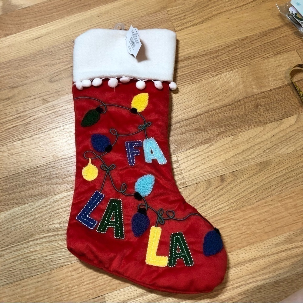Fa La La Christmas Stocking Lights Embroidered NEW Red White